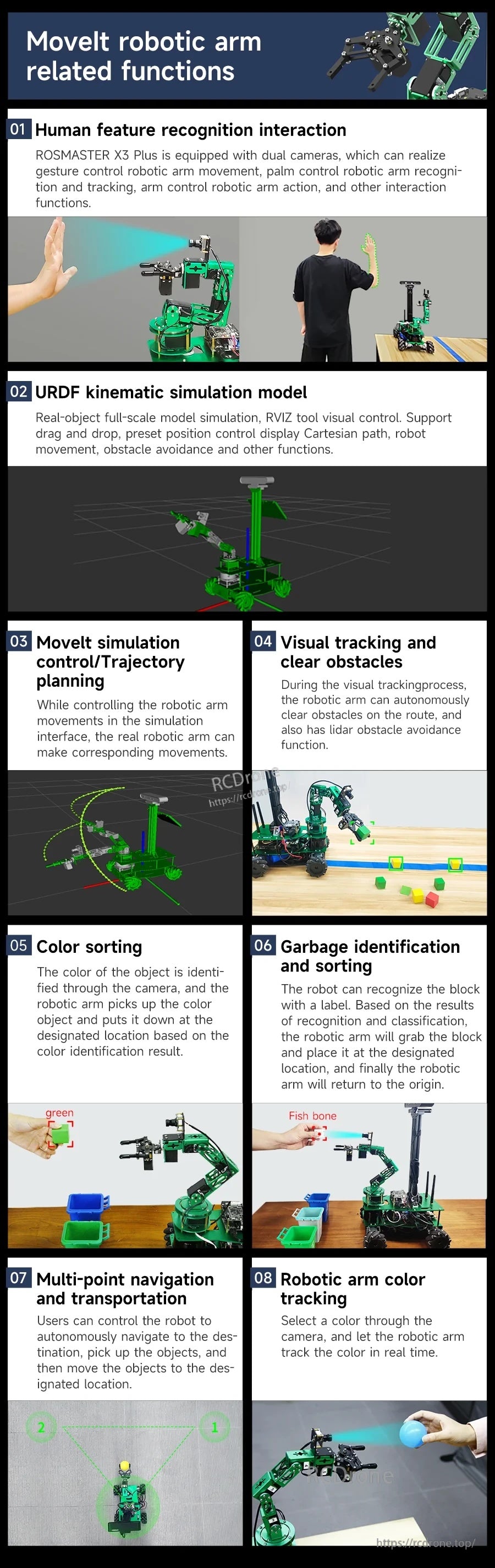 MoveIt and robotic arm feature panel: grasp demos, URDF kinematics, color sorting and tracking control