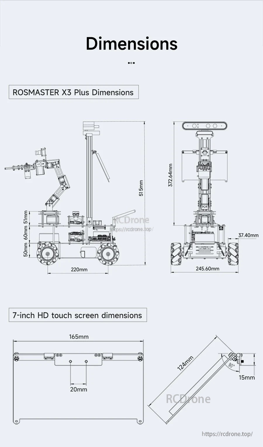 Dimension drawing of Yahboom ROSMASTER X3 Plus ROS robot chassis and 7-inch HD touch screen measurements