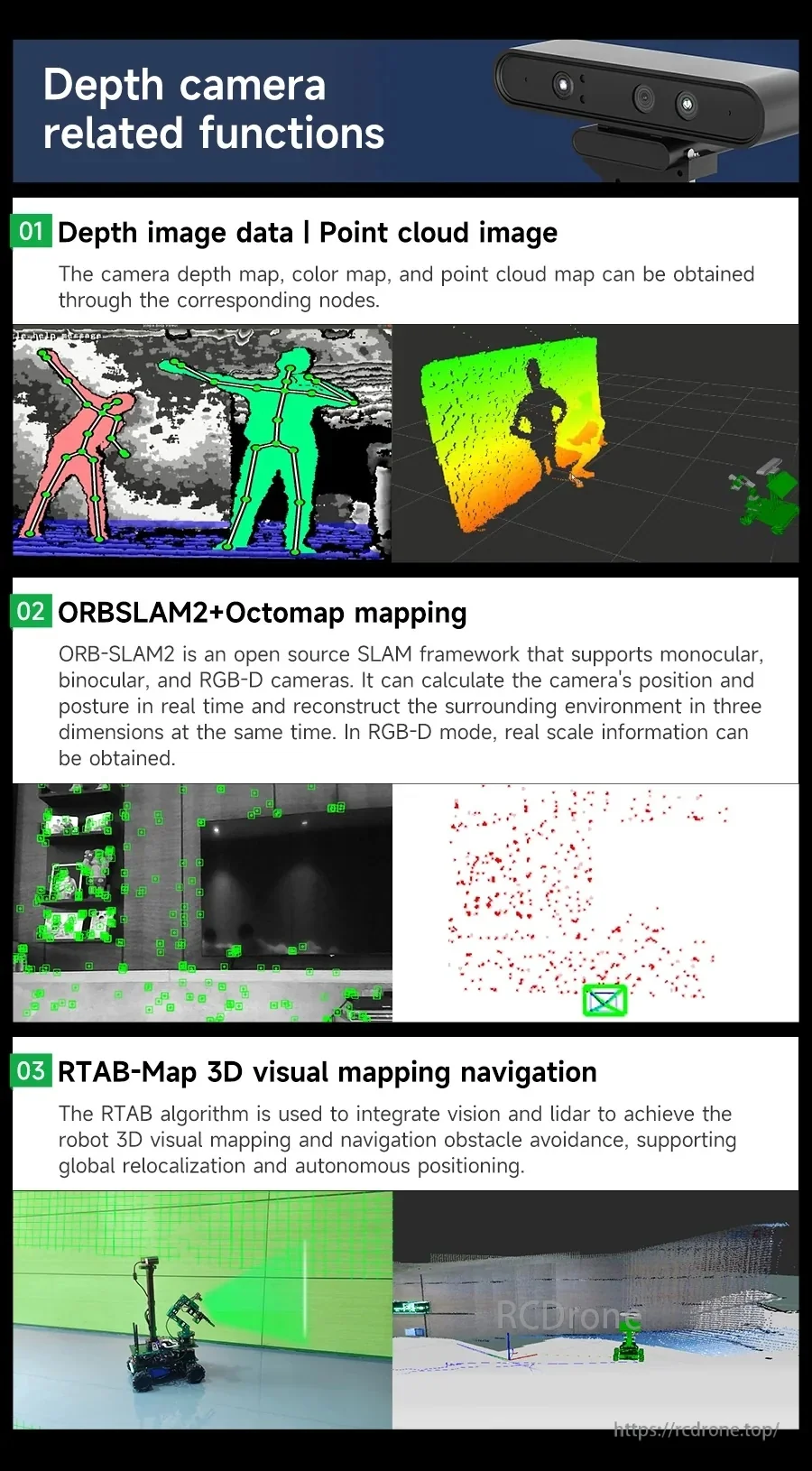 Depth camera function panel showing point cloud capture, ORB-SLAM2 with Octomap, and RTAB-Map 3D mapping