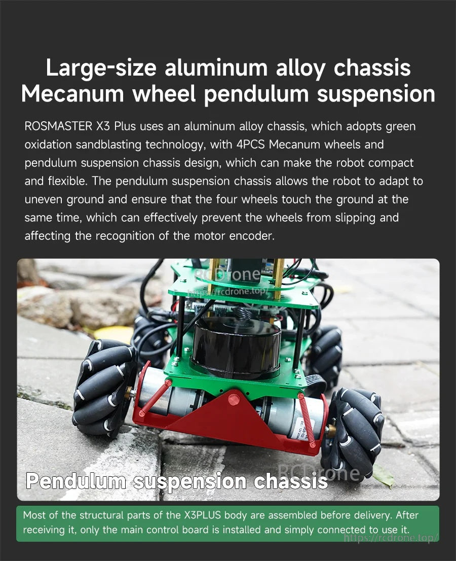 Close-up of ROSMASTER X3 PLUS aluminum chassis with mecanum wheels and pendulum suspension over uneven ground