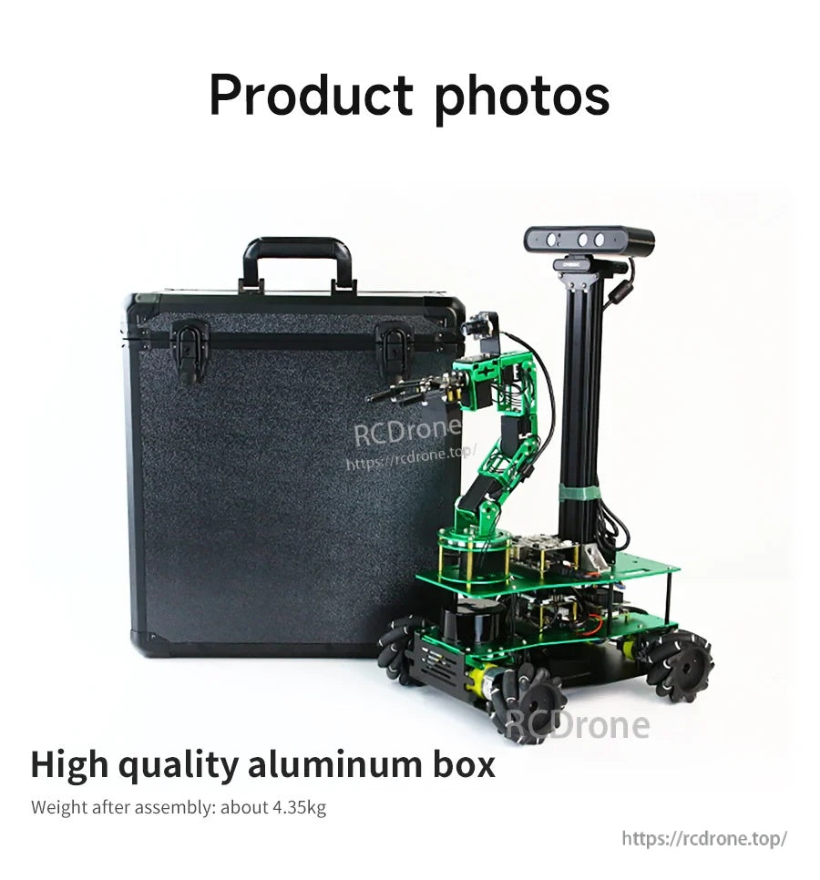 Yahboom ROSMASTER X3 PLUS ROS robot car with robotic arm and sensor mast beside an aluminum carrying case