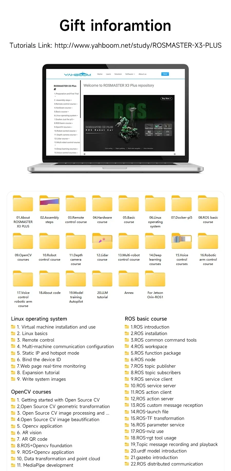 Yahboom ROSMASTER X3 PLUS tutorial resources page with Linux, OpenCV and ROS course folders and downloads