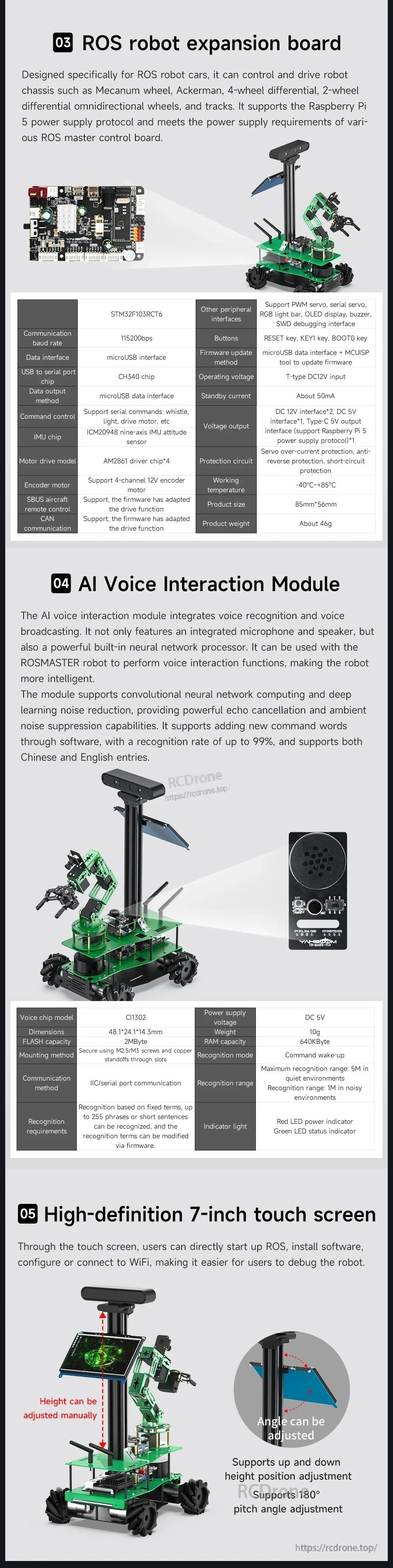 Yahboom ROSMASTER X3 Plus ROS robot kit infographic showing expansion board, AI voice module, and 7-inch touchscreen