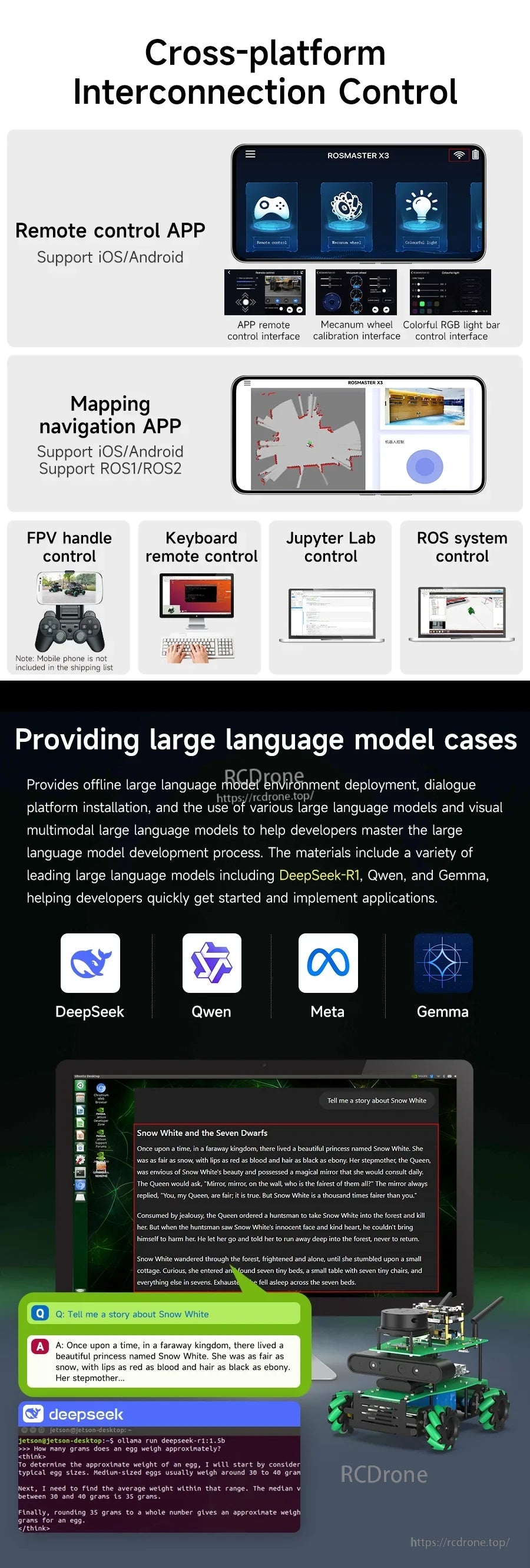 ROSMASTER X3 supports cross-platform interconnection control by APP, Jupyter Lab and ROS, provides DeepSeek-R1 models