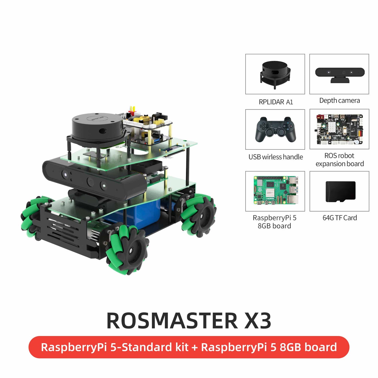 ROSMASTER X3 smart robotic car stansard kit with Raspberry Pi 5 8GB main control board