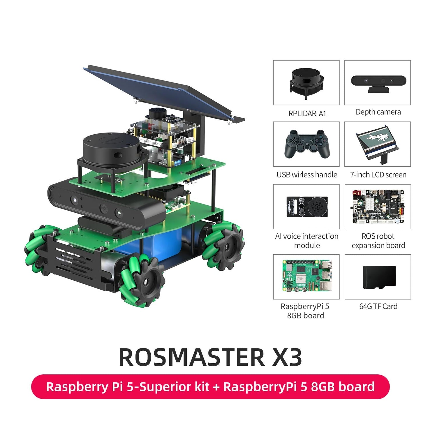 ROSMASTER X3 Raspberry Pi 5-Superior kit + RaspberryPi 5 8GB board