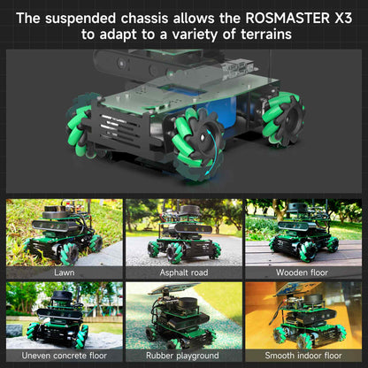 ROSMASTER X3 with suspended chassis to adapt to terrains: Lawn, concrete floor, asphalt road, rubber playground, smooth floor