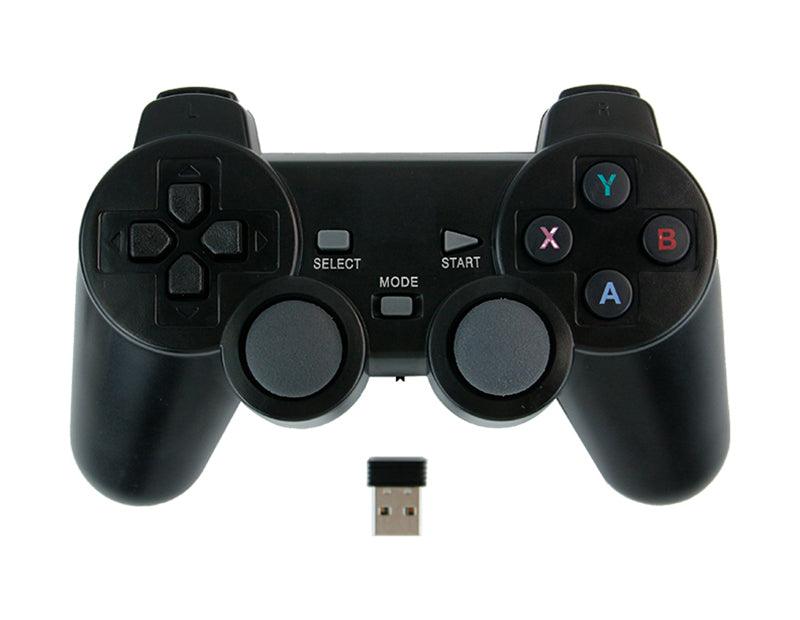 2.4G wireless PS2-style gamepad front view with ABXY buttons and USB receiver dongle