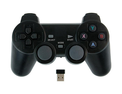 2.4G wireless PS2-style gamepad front view with ABXY buttons and USB receiver dongle