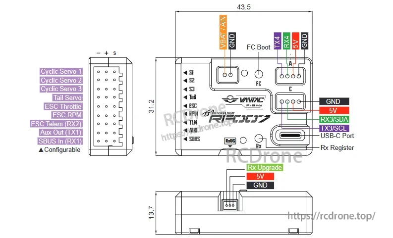 ROTORFLIGHT VANTAC RF007 Archer+/Twin Rotorflight FBL helicopter flight controller pinout with dimensions and ports