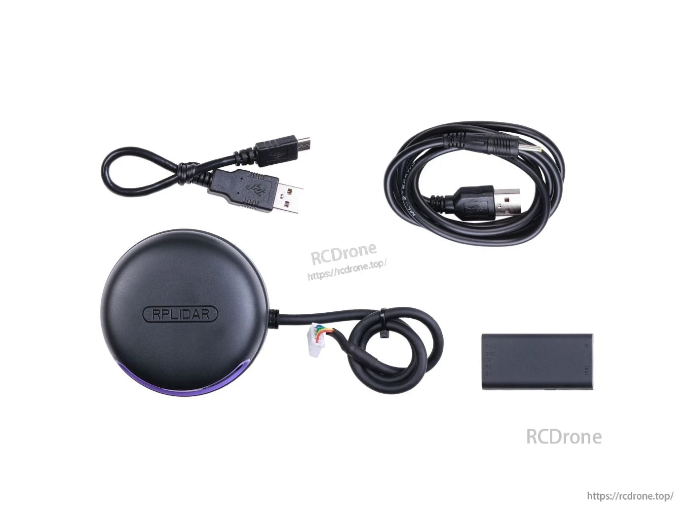 RPLIDAR A2M12: 360° laser scanner with 12m range, includes USB cable and power adapter for reliable, high-speed mapping and navigation.