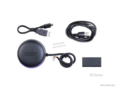 RPLIDAR A2M12: 360° laser scanner with 12m range, includes USB cable and power adapter for reliable, high-speed mapping and navigation.