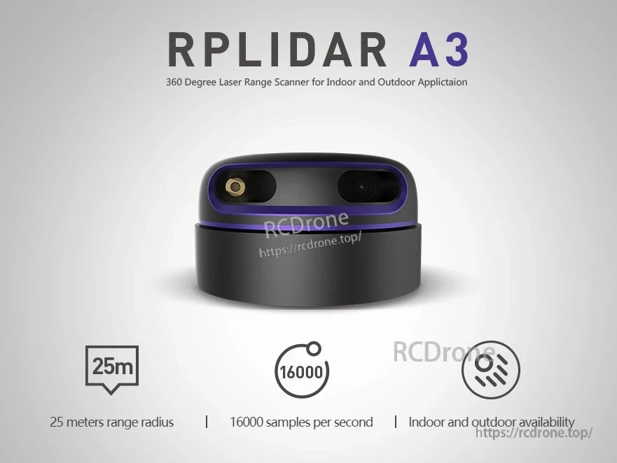 RPLIDAR A3: 360° laser scanner with 25m range, 16k samples/sec, 0.225° resolution, indoor/outdoor use, TTL UART interface, IEC Class 1 safety.