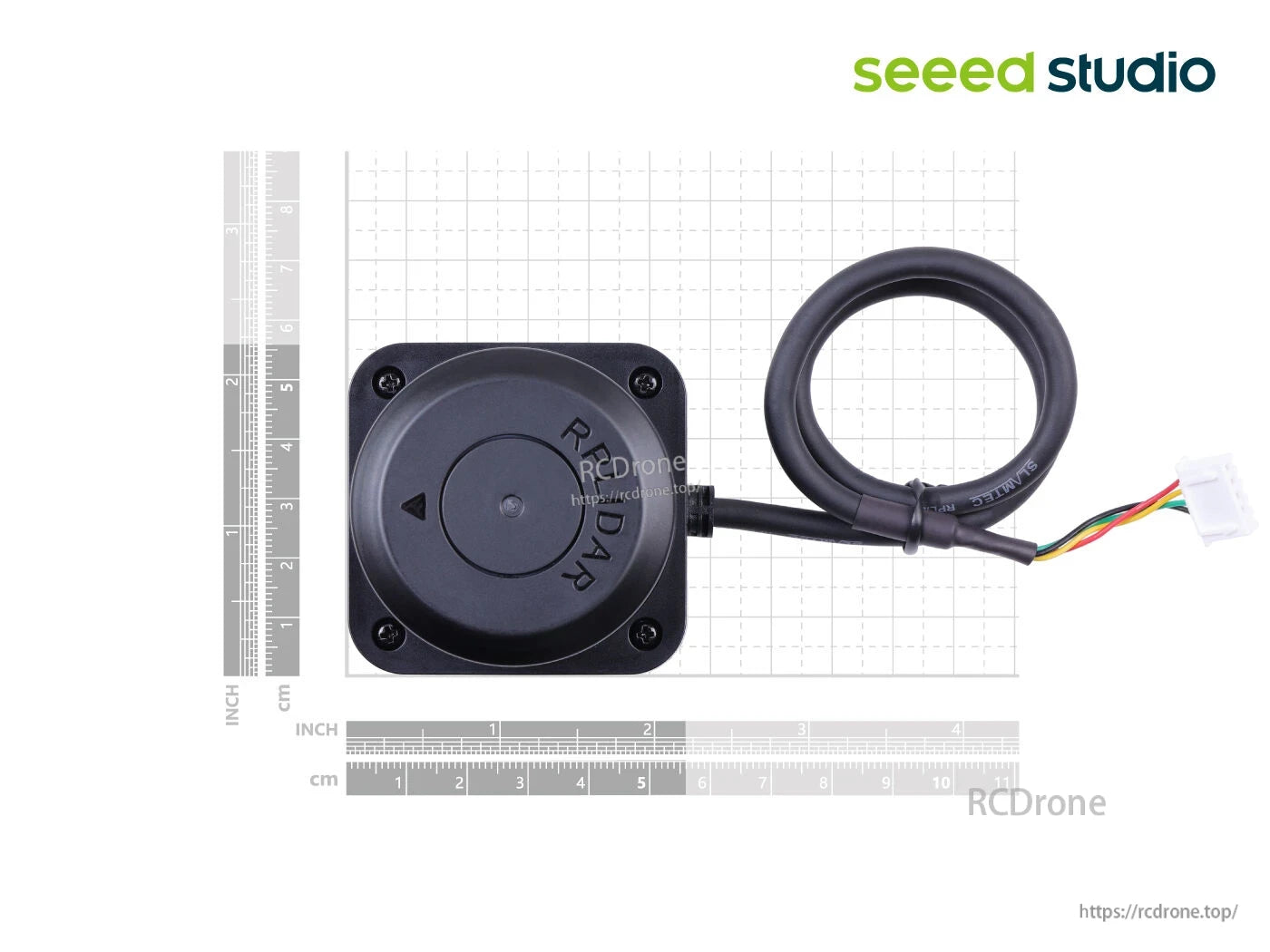 RPLiDAR C1M1-R2: 360° 2D LiDAR with 12m range, 10Hz scan rate, 5kHz sampling, 0.72° resolution, Class 1 laser safety, from Seeed Studio.
