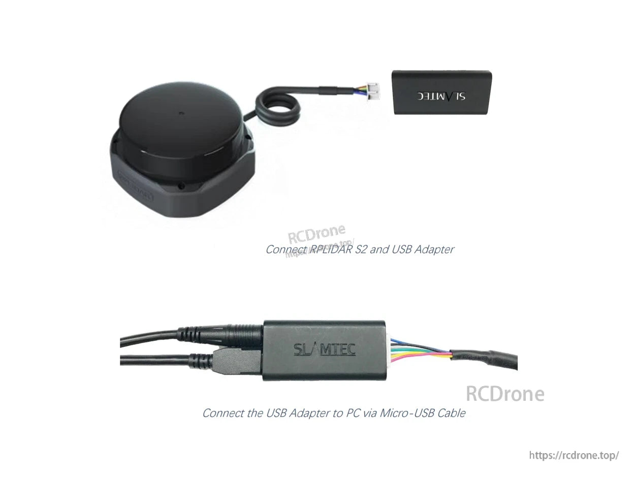 RPLIDAR S2 connects to a USB adapter and PC via Micro-USB cable for data transmission.