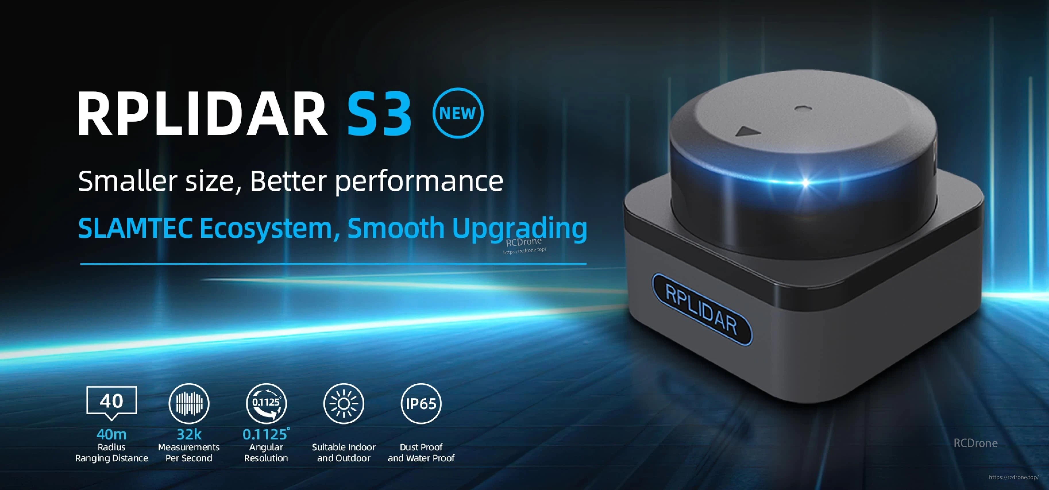 RPLiDAR S3 LiDAR Scanner, RPLiDAR S3 ToF LiDAR scanner features 40m 2D point cloud, 32kHz sampling, and more.