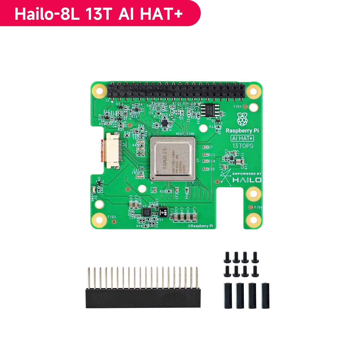 Hailo-8L 13 TOPS AI HAT+ kit contents with board, 40-pin header, standoffs and screws