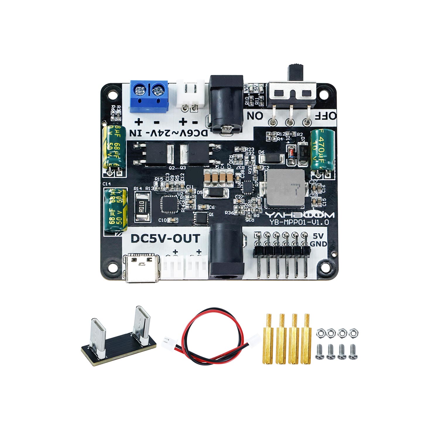 Yahboom YB-MPP01-V1.0 power supply expansion board for Raspberry Pi 5, top view with accessories