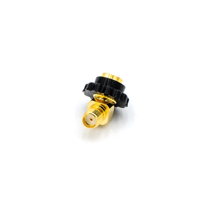 45 Degree RP-SMA male to SMA female adapter, angled view with black knurled thumbscrew ring
