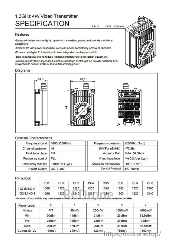 RUSHFPV 1.2G 1.3GHz 4W Long Range VTX, 1.3GHz 4W Video Transmitter features long-range, multi-level adjustment, efficient PA, PLL circuit, bandpass filter, aluminum shell, large fan, 16 channels, FM modulation, DC 7-30V.
