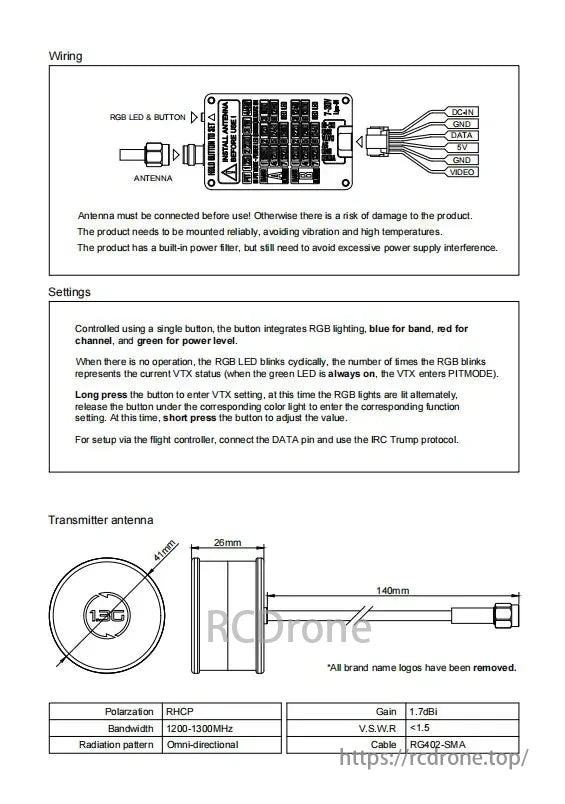 RUSHFPV 1.2G 1.3GHz 4W Long Range VTX, 1.2G 1.3GHz 4W VTX setup with RHCP polarization, RGB LED status indicators, and adjustable settings via button; 1200-1300MHz bandwidth.