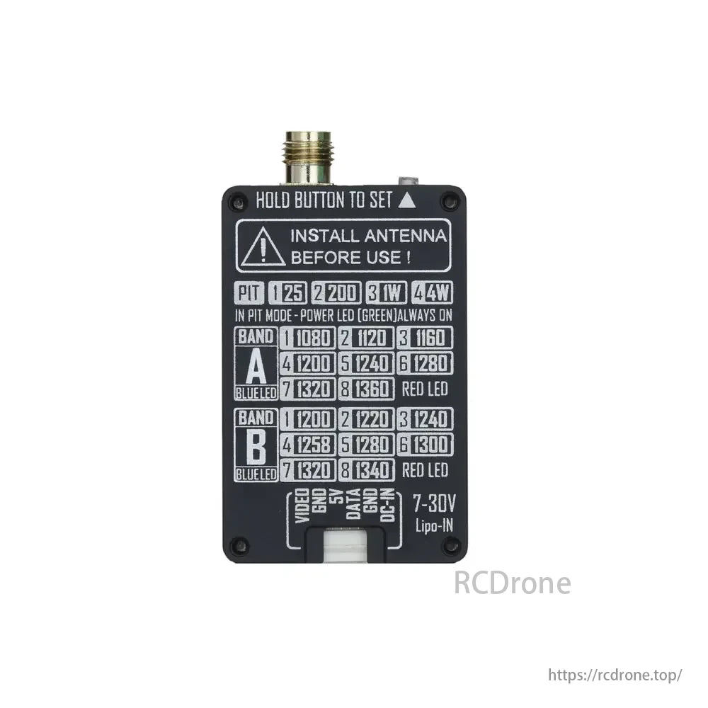 RUSHFPV 1.2G 1.3GHz 4W Long Range VTX, RUSHFPV 1.2G VTX device with antenna warning, PIT mode, A/B band frequencies, LEDs, and power specs for long-range use.