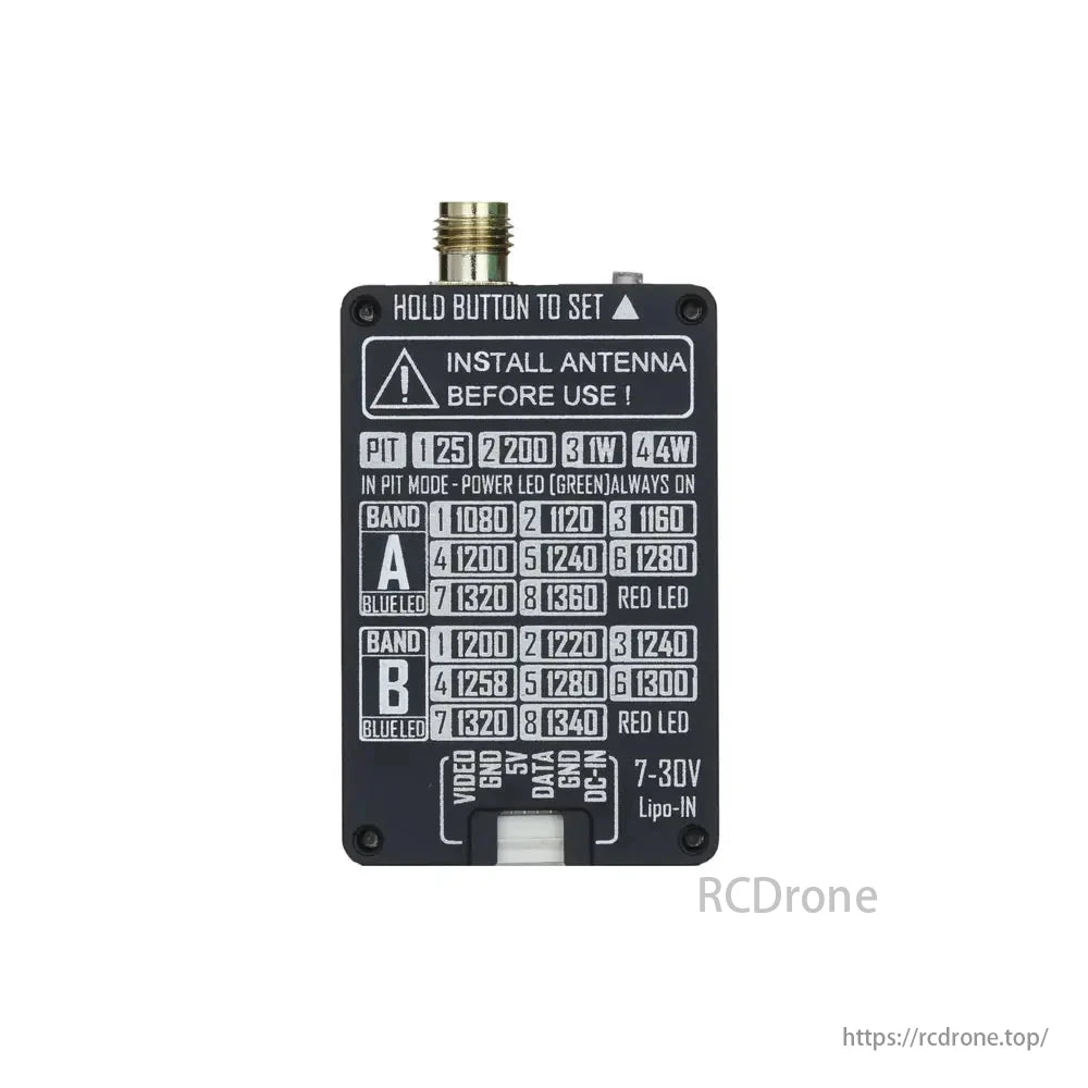 RUSHFPV 1.2G 1.3GHz 4W Long Range VTX, RUSHFPV 1.2G VTX with SMA antenna, adjustable power, IRC Tramp control, PIT mode, Band A/B frequency settings. Install antenna first.