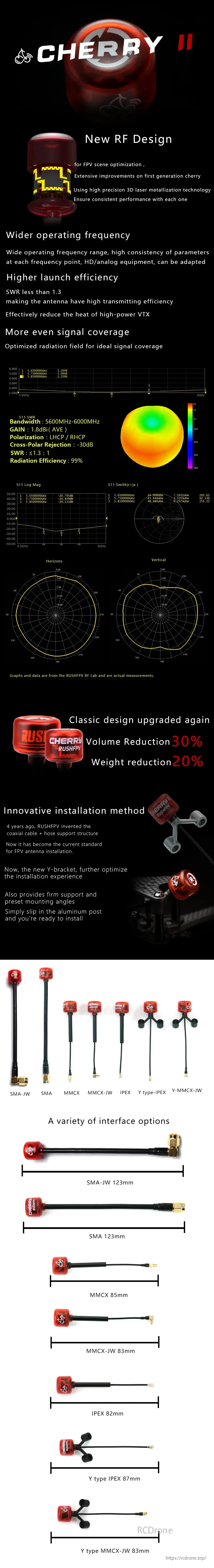 RUSHFPV Cherry 2 II 5.8GHz 1.8dBi FPV Antenna, Cherry II RF design provides wider frequency, high efficiency, even coverage, reduced size and weight, firm support, and diverse interface options.