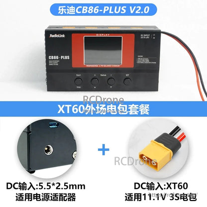 RadioLink CB86-PLUS V2.0: 8-port balance charger, 6A, 1mV accuracy. Supports DC input via 5.5*2.5mm or XT60 for 11.1V 3S batteries.