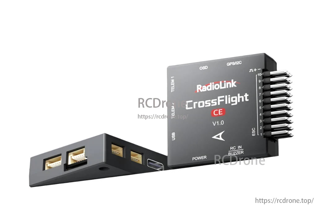 The RadioLink CrossFlight-CE Flight Controller provides precise control for various vehicles, featuring OSD, GPS/I2C, USB, and ESC connections.