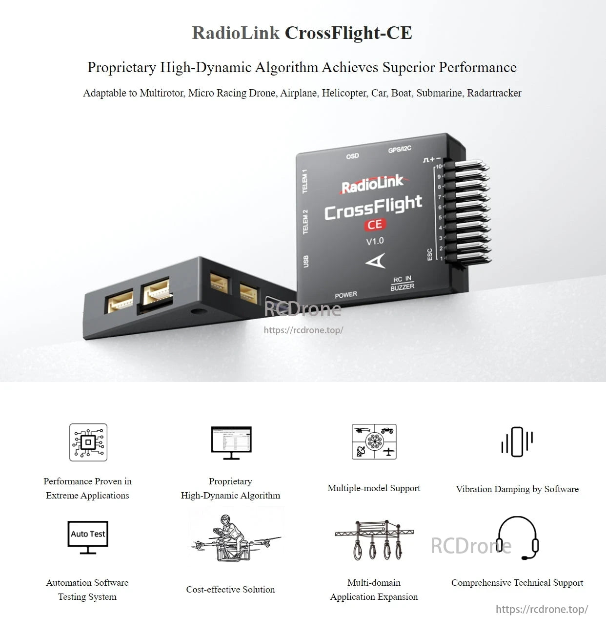 The RadioLink CrossFlight-CE flight controller offers high-dynamic performance, supports various vehicles, and provides auto testing, affordability, and technical support.