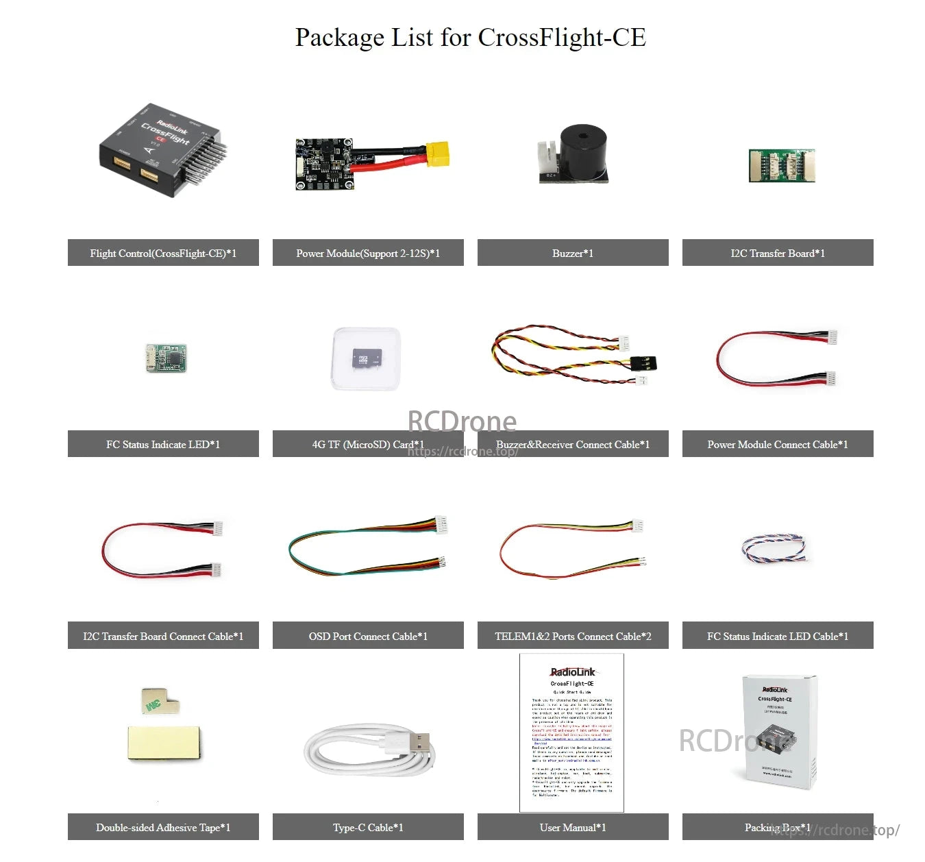 RadioLink CrossFlight-CE Flight Controller, The CrossFlight-CE package includes flight control, power module, buzzer, I2C board, cables, LED, TF card, tape, Type-C cable, manual, and box.