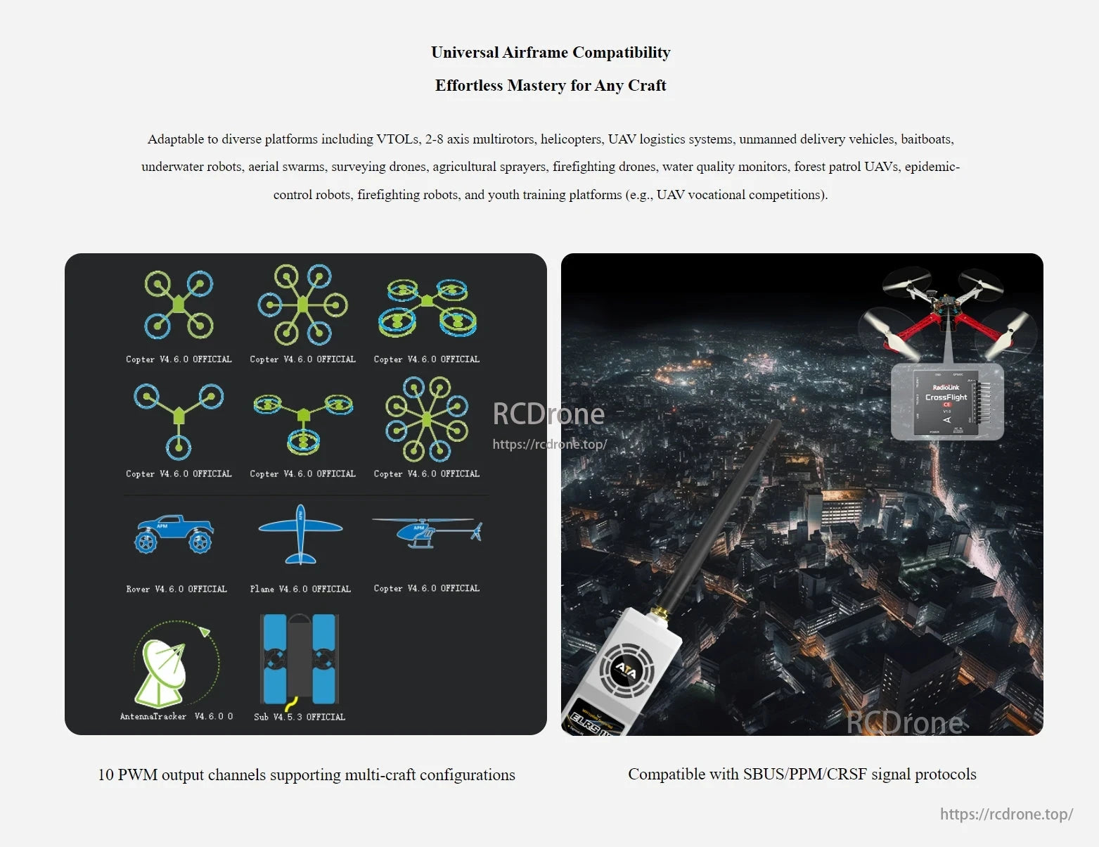 RadioLink CrossFlight-CE Flight Controller, Compatible with various aircraft types, including VTOLs, multirotors, helicopters, UAVs, and delivery vehicles. Features 10 PWM outputs and supports SBUS/PPM/CRSF protocols.