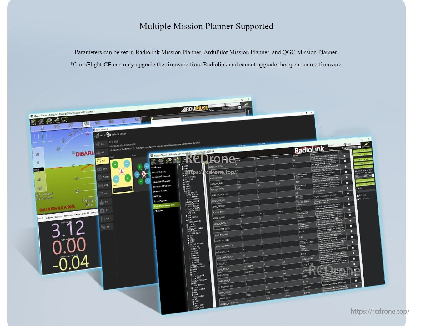 RadioLink CrossFlight-CE Flight Controller, Supports multiple mission planners; sets parameters in Radiolink, ArduPilot, QGC. CrossFlight-CE upgrades Radiolink firmware only, displays flight data and settings.