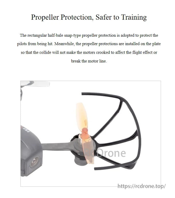 RadioLink Eneopterinae F121 FPV Training Drone, Propeller protection enhances safety during training with a rectangular half-bale snap design, safeguarding pilots, preventing motor damage, and maintaining flight performance in collisions.