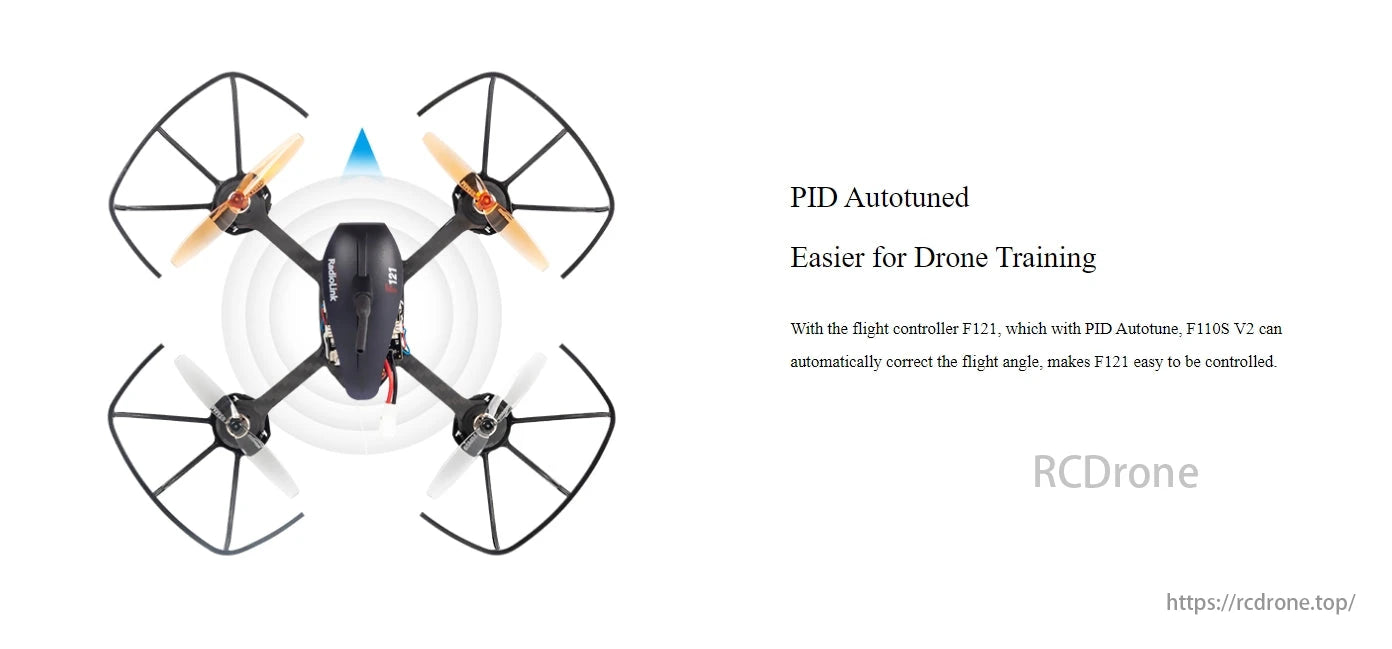 RadioLink Eneopterinae F121 FPV Training Drone, The PID-autotuned F121 flight controller improves control for training on the RadioLink Eneopterinae F121 FPV drone.