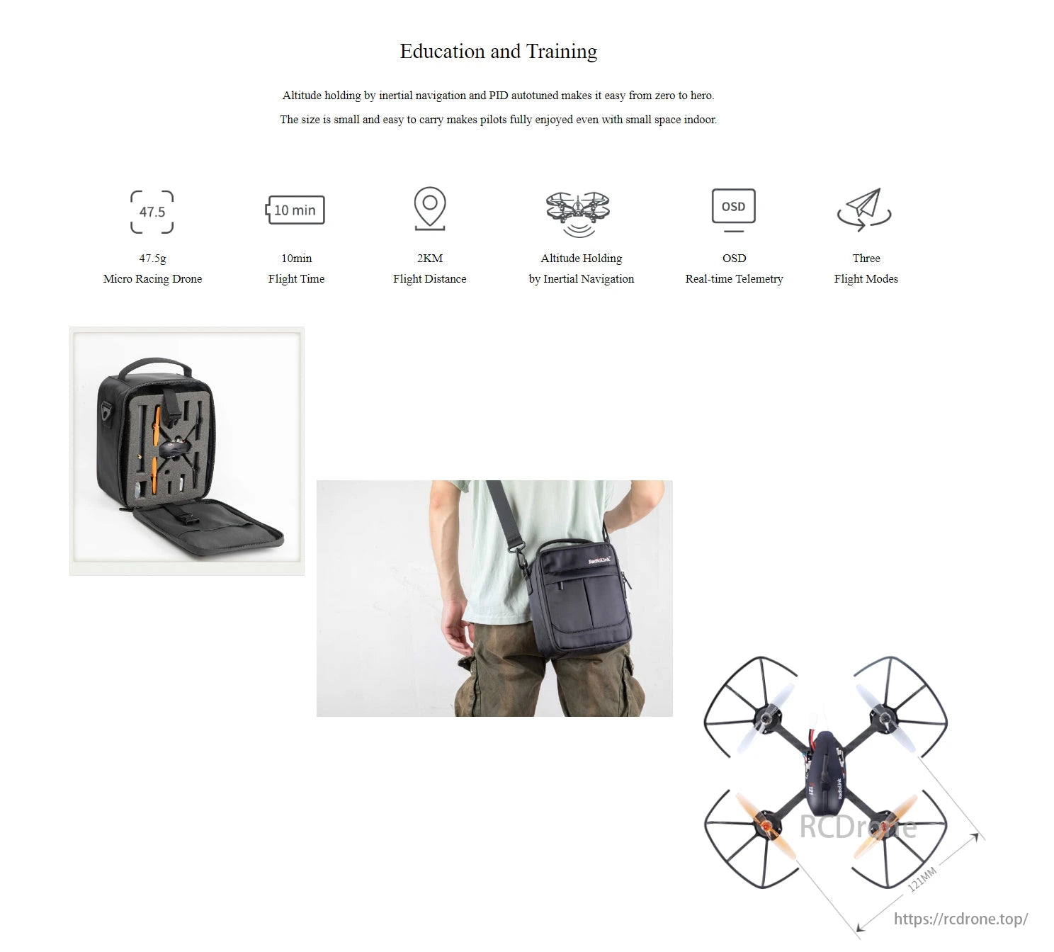 RadioLink Eneopterinae F121 FPV Training Drone, A compact 47.5g micro racing drone with 10-minute flight time, 2km range, altitude hold, OSD telemetry, three flight modes, ideal for indoor training and education.