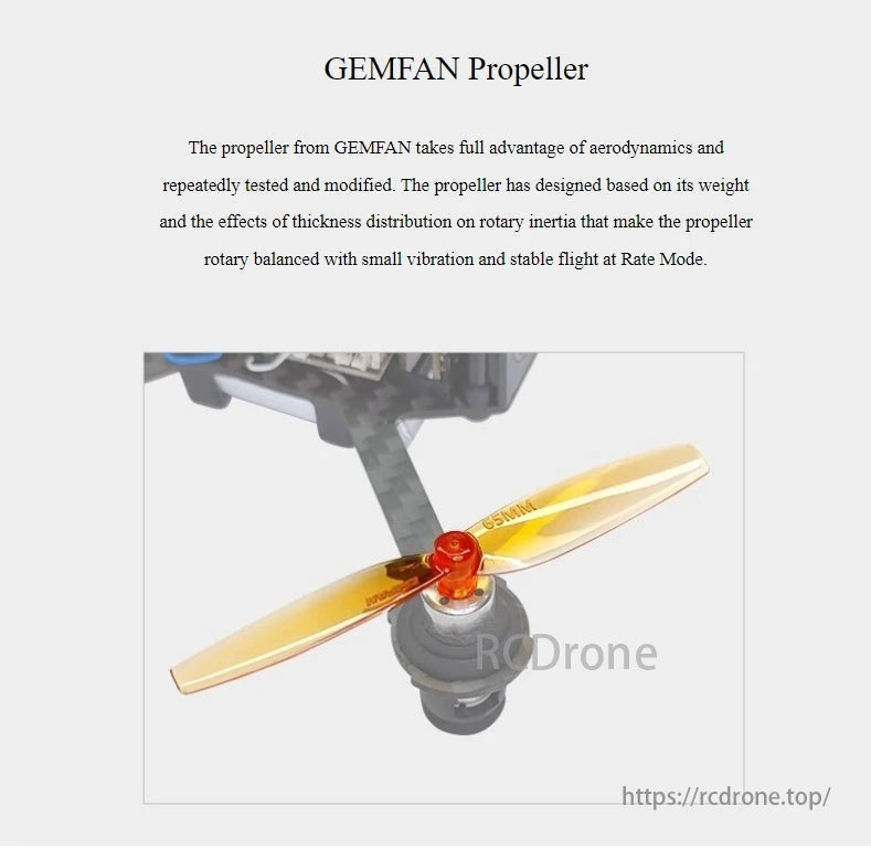 RadioLink Eneopterinae F121 FPV Training Drone, GEMFAN Propellers use aerodynamics, balance testing, and vibration reduction for stable, efficient Rate Mode flight performance.