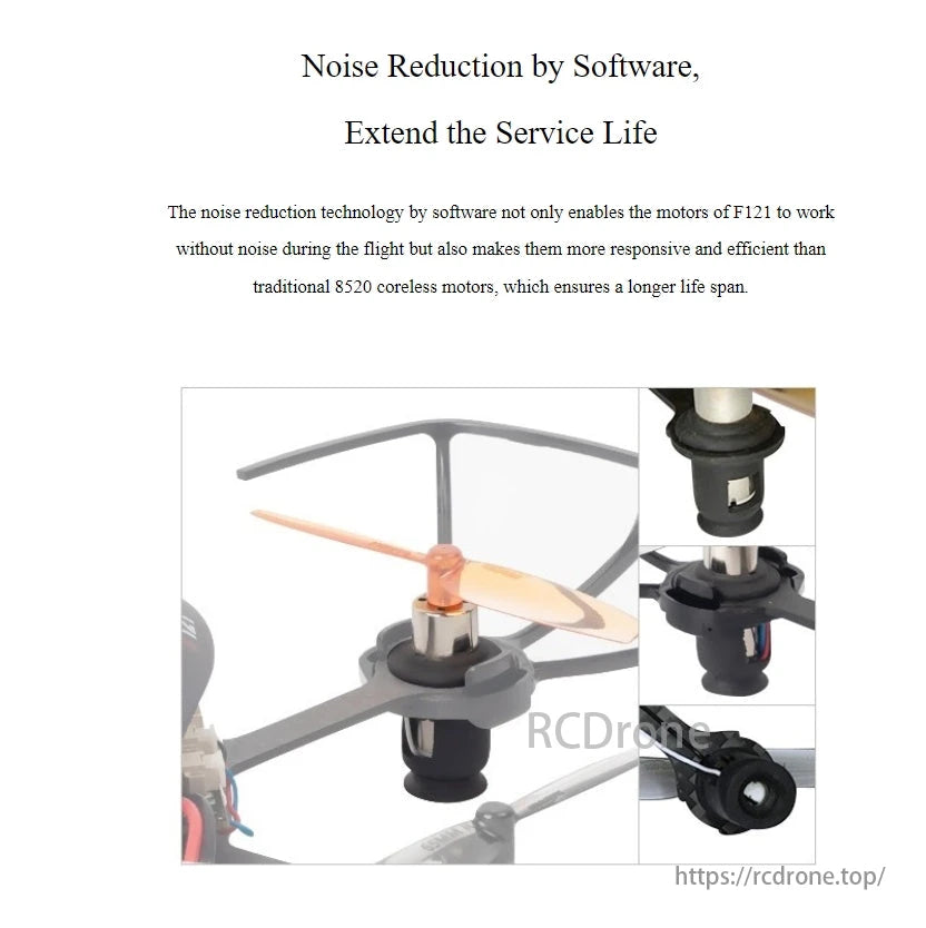 RadioLink Eneopterinae F121 FPV Training Drone, Noise reduction software improves F121 drone motors, making them quieter, more efficient, and longer-lasting than traditional motors.