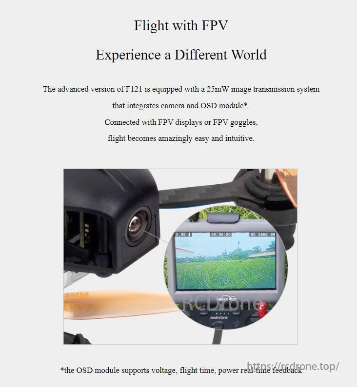 RadioLink Eneopterinae F121 FPV Training Drone, F121 provides 25mW image transmission, built-in camera and OSD, connects to FPV displays/goggles, supports voltage, flight time, and power feedback.