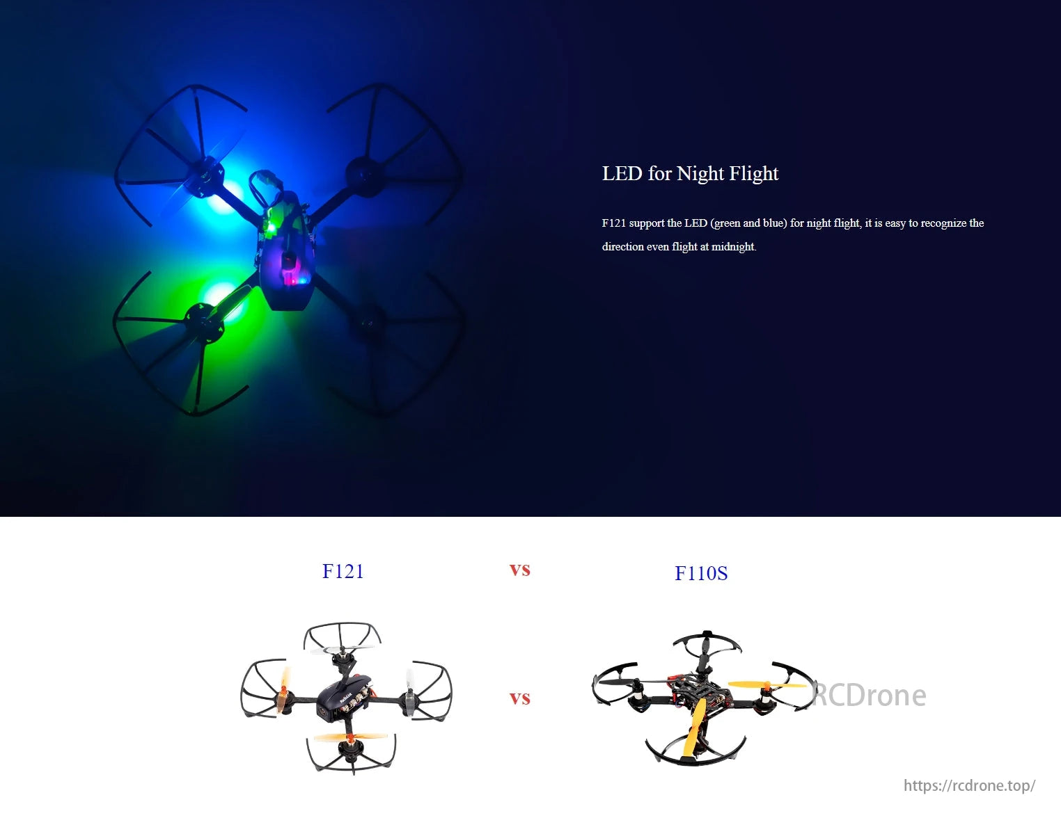 RadioLink Eneopterinae F121 FPV Training Drone, F121 FPV drone with LED for night flight, compared to F110S.