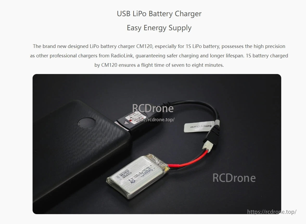 RadioLink F125 Micro FPV Racing Drone, The CM120 USB LiPo charger safely and precisely charges 1S batteries, providing 7-8 minutes of flight time with easy energy supply.