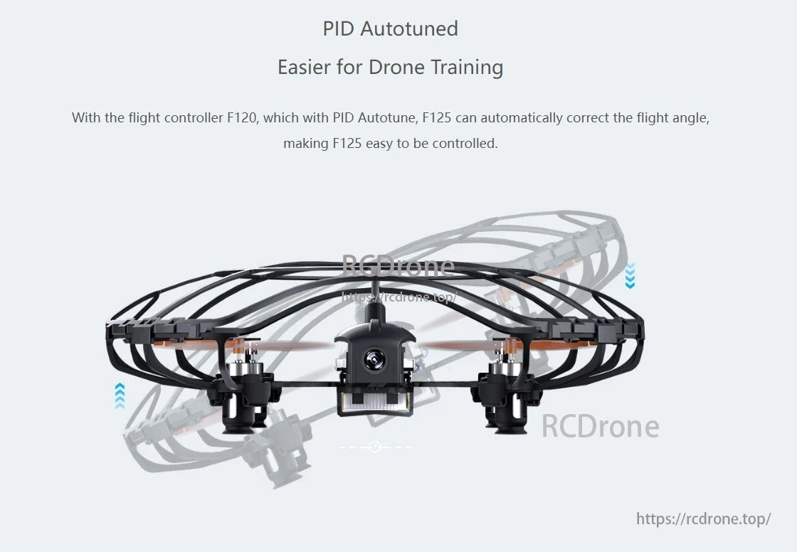 RadioLink F125 Micro FPV Racing Drone, The F125 Micro FPV Racing Drone features PID autotuning and a flight controller for automatic angle correction, enhancing control ease.