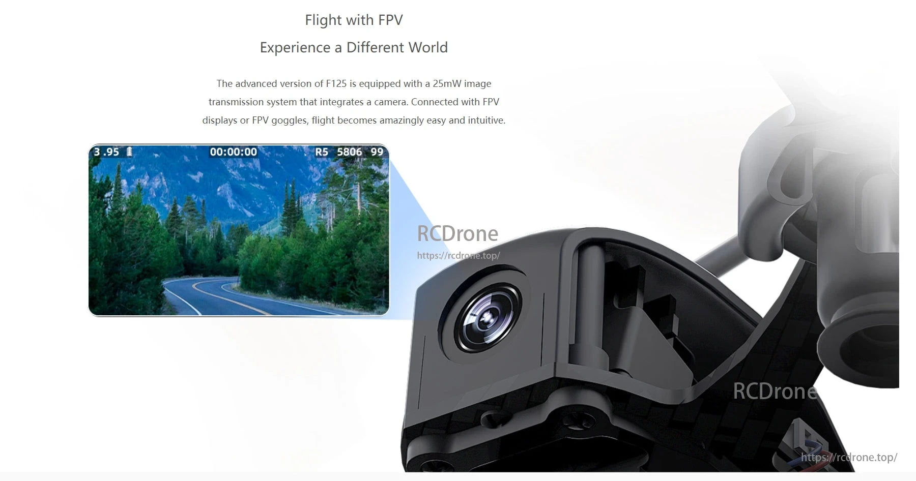 RadioLink F125 Micro FPV Racing Drone, The F125 provides 25mW image transmission and an integrated camera, enabling easy, intuitive flight when connected to FPV displays or goggles.