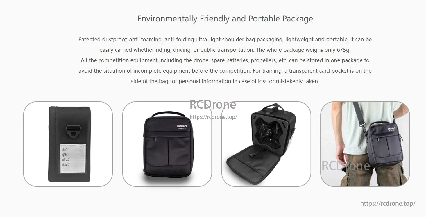 RadioLink F125 Micro FPV Racing Drone, The RadioLink F125 drone package is eco-friendly, portable, dustproof, anti-foaming, ultra-light (675g), stores gear, has a transparent card pocket, and is easy to carry.