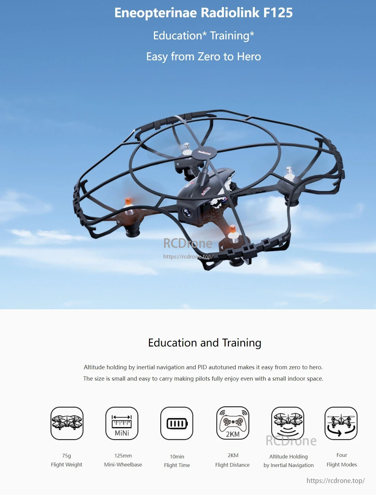 RadioLink F125 Micro FPV Racing Drone, The Eneopterinae Radiolink F125 is a compact, beginner-friendly educational drone with altitude hold, PID autotuning, 10-minute flight time, 2KM range, and four flight modes, ideal for indoor FPV racing practice.