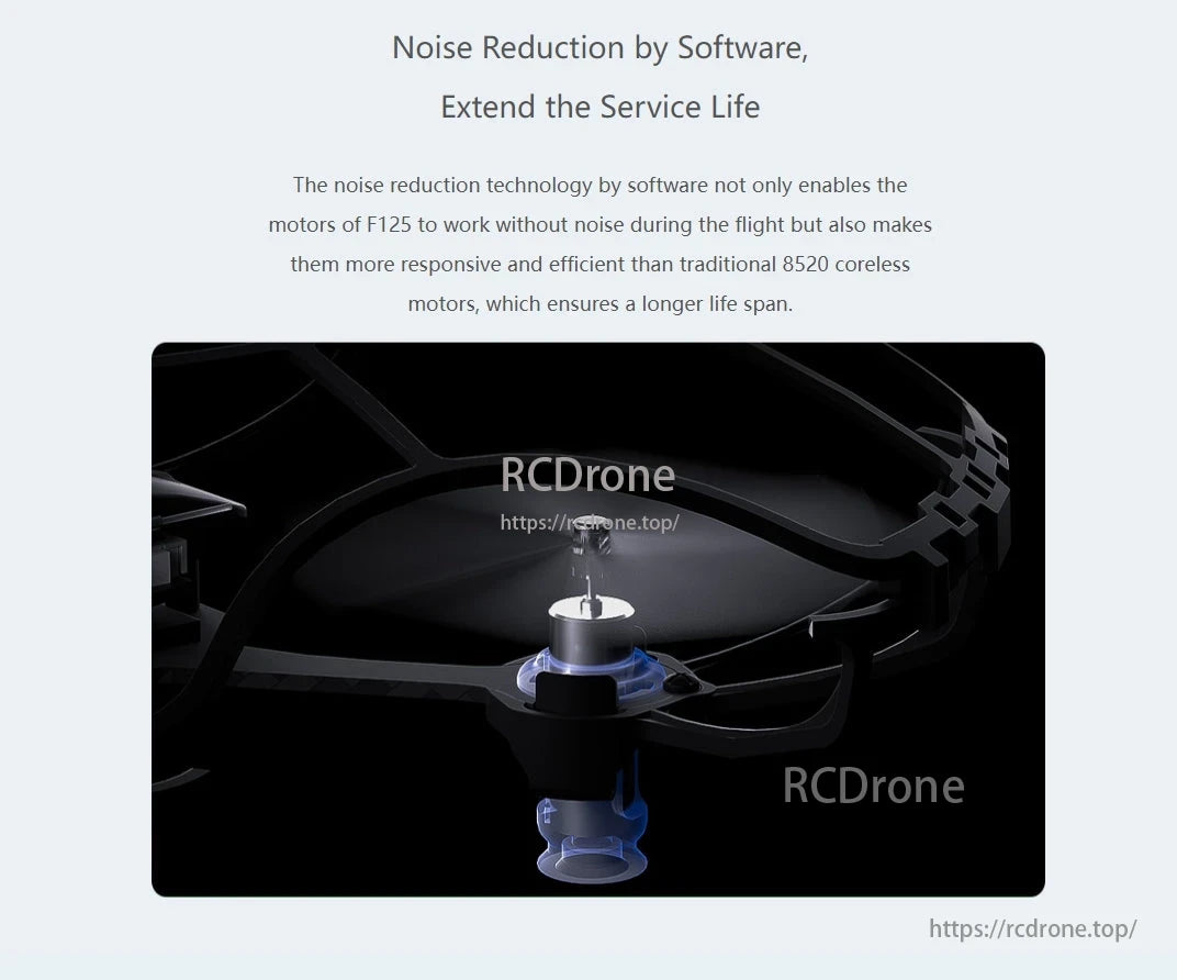 RadioLink F125 Micro FPV Racing Drone, Noise reduction software improves F125 drone motors, making them quieter, more efficient, and longer-lasting than traditional motors.