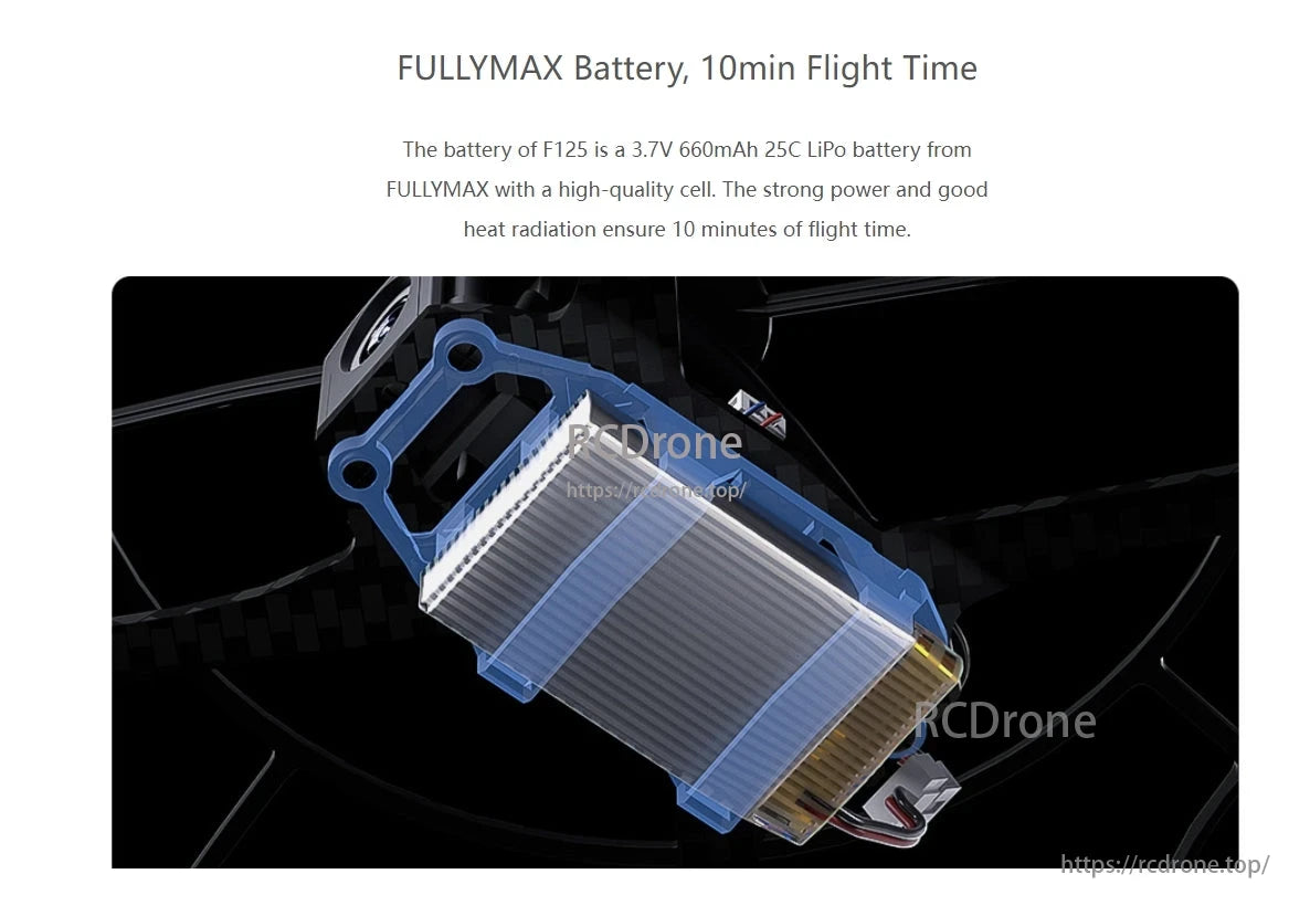 RadioLink F125 Micro FPV Racing Drone, The F125 features a 3.7V 660mAh 25C LiPo battery providing strong power, good heat dissipation, and up to 10 minutes of flight time.