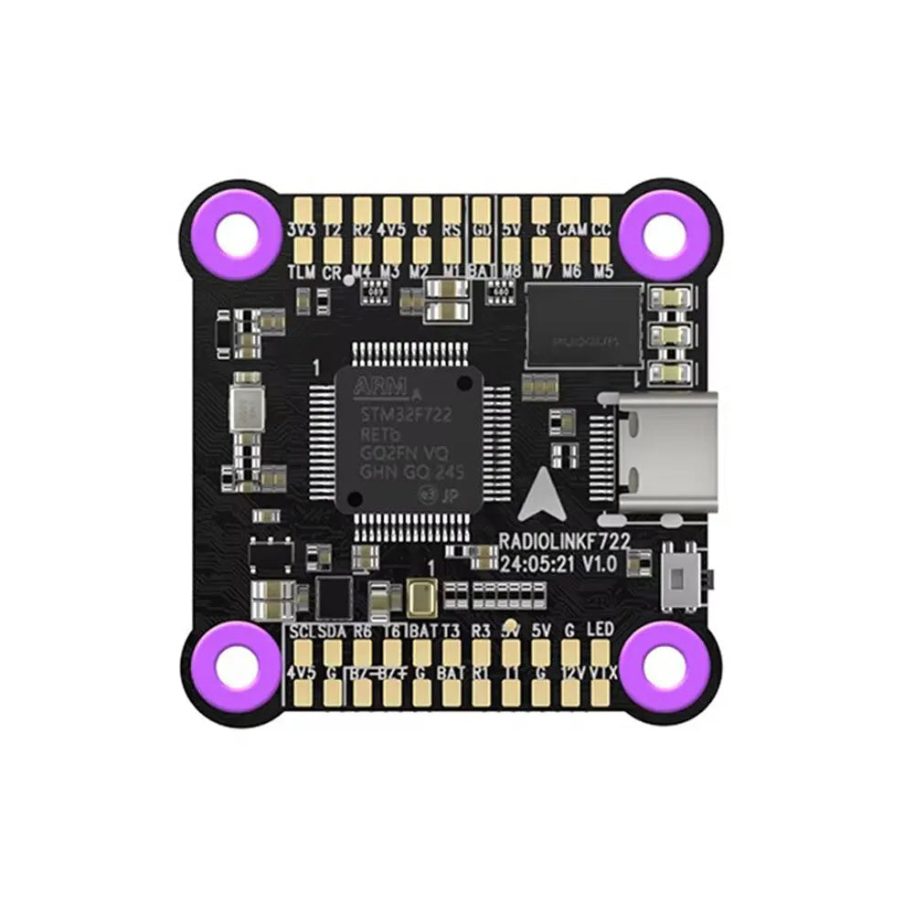 Radiolink F722 Flight Controller, Radiolink F722 flight controller features STM32F722RET6, 128MB Blackbox, 5 UARTs, HD/Analog VTX support, ARM chip, purple mounting holes, and visible USB port.