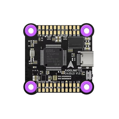 Radiolink F722 Flight Controller, Radiolink F722 flight controller features STM32F722RET6, 128MB Blackbox, 5 UARTs, HD/Analog VTX support, ARM chip, purple mounting holes, and visible USB port.